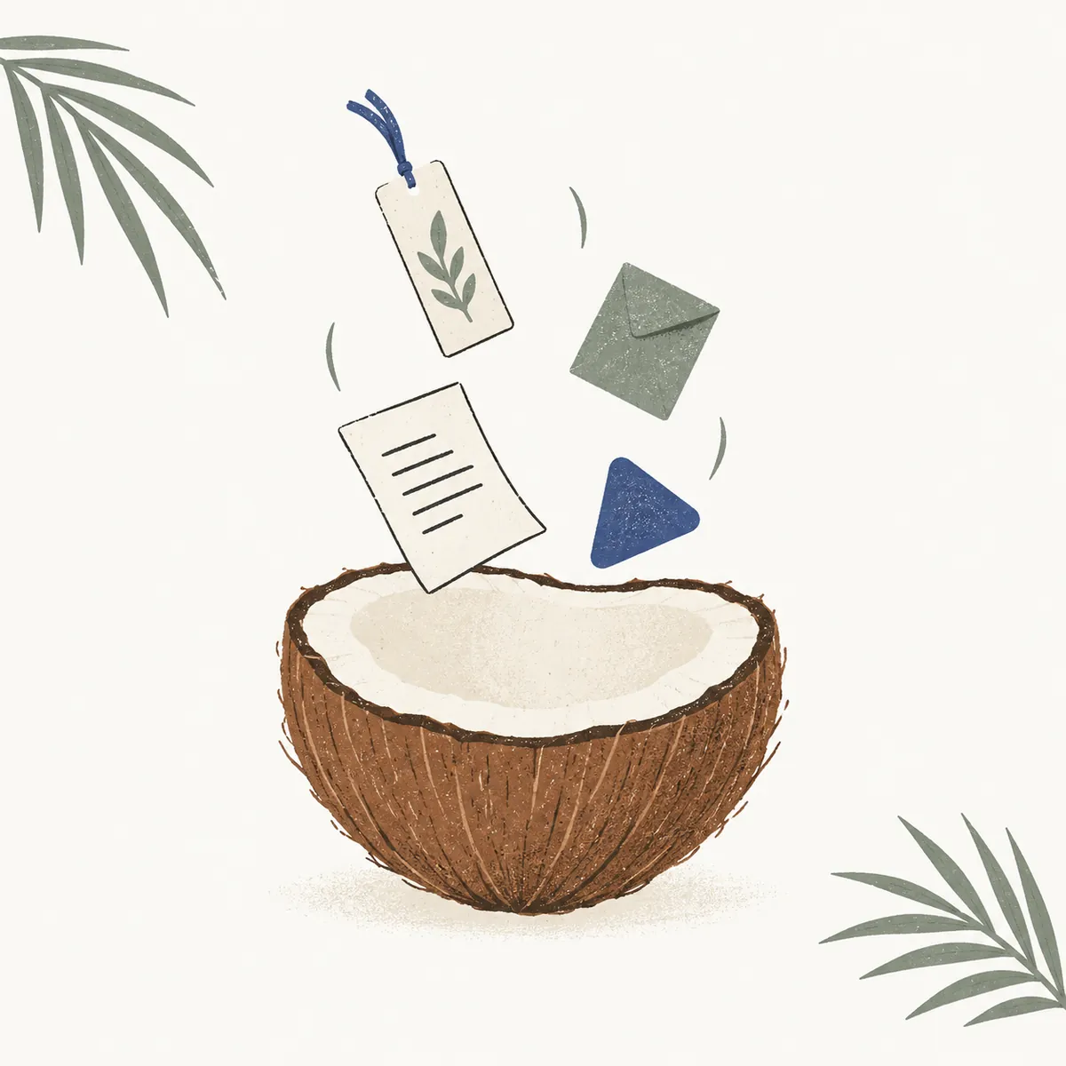 Illustratie van een halve kokosnoot die opgeslagen items opvangt