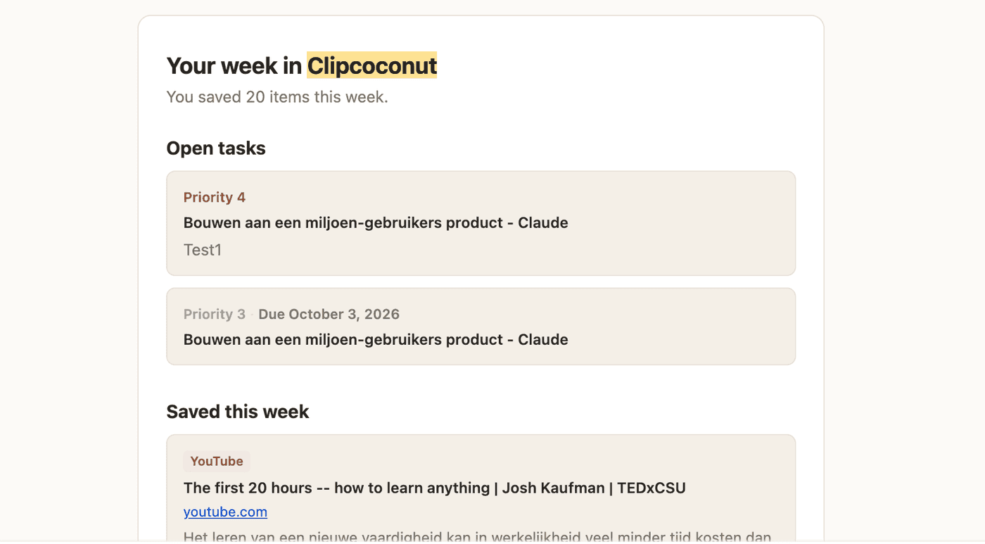 Wekelijkse digest-mail van ClipCoconut die je aan je bewaarde ideeën herinnert